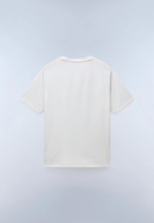 White Napapijri S-Badge T-shirt with logo detail, casual fit, and soft cotton fabric visible on the front.