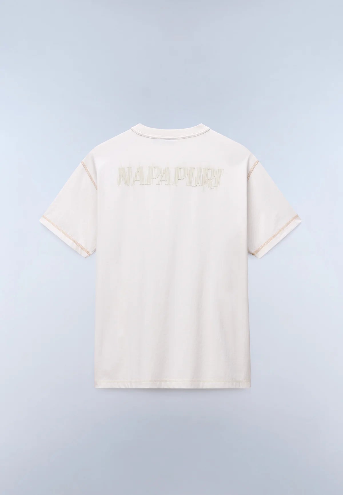 White Napapijri S-Umbra T-Shirt displayed from the back with beige accents, showcasing casual fit and fabric texture.