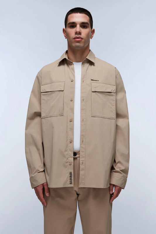 Beige Napapijri G-Bosson overshirt with button-up front and chest pockets, stylish over shirt for casual wear.