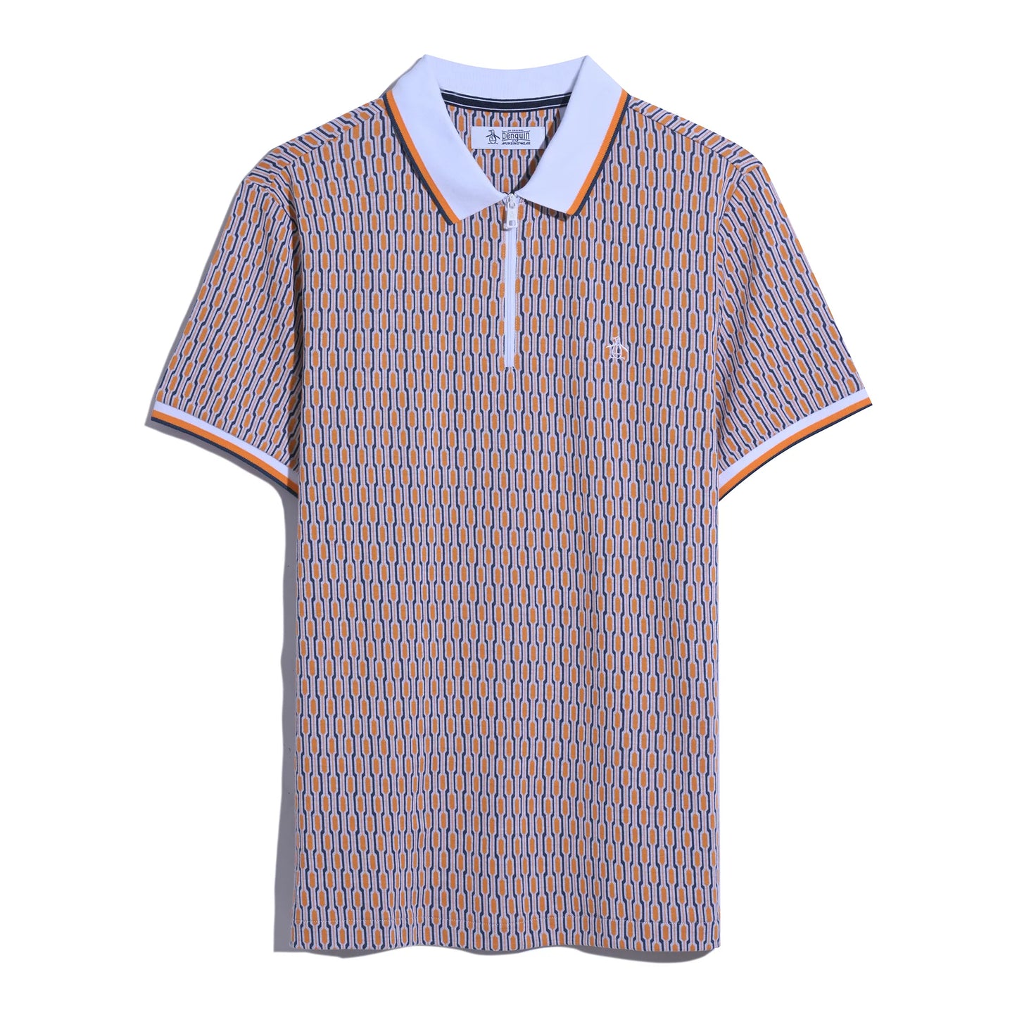 Original Penguin Tipped Jacquard Geo Print Zip Polo Shirt In Orange Peel