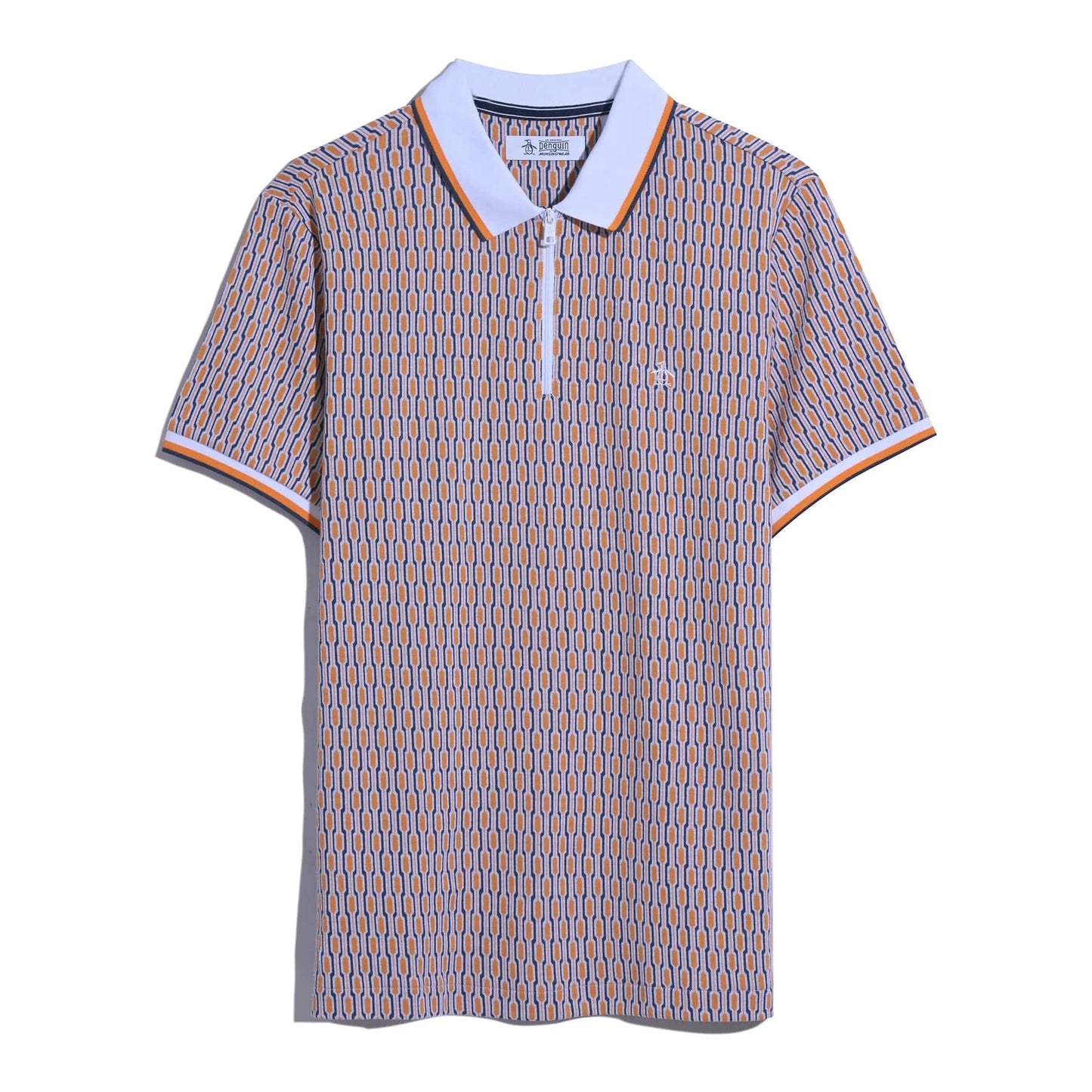 Original Penguin Tipped Jacquard Geo Print Zip Polo Shirt In Orange Peel - RD1 Clothing