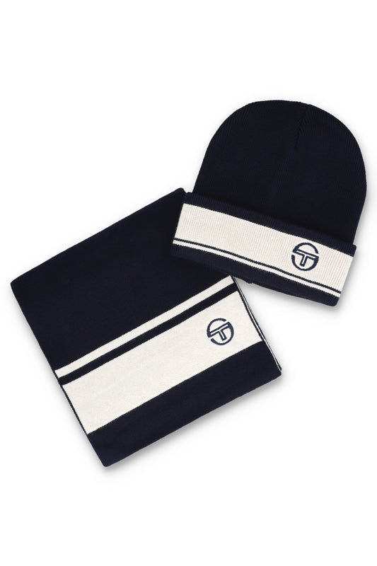 Sergio Tacchini Originale beanie and scarf box set in maritime blue and gardenia, stylish knit accessories for cold weather.