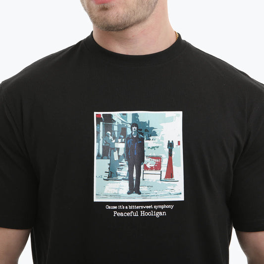 Black Peaceful Hooligan Symphony T-Shirt featuring a graphic design on the front, made from soft cotton fabric.