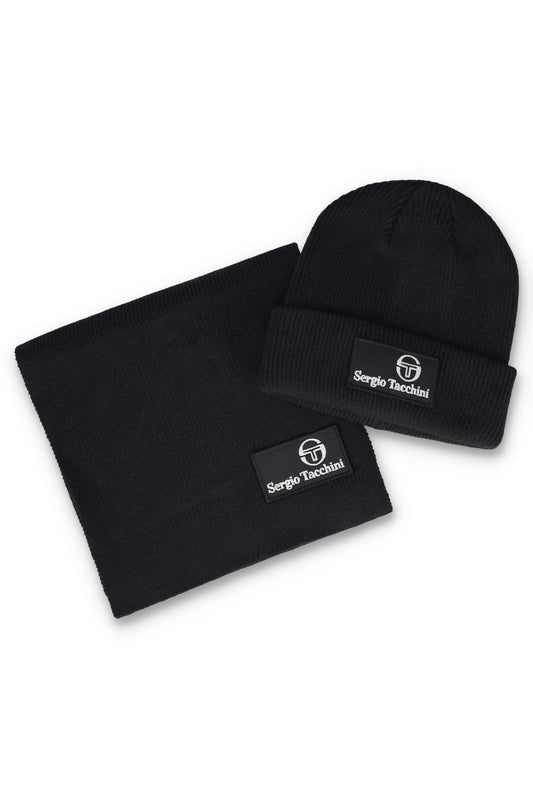 Black and peyote Sergio Tacchini Primo beanie and scarf box set showing stylish knit accessories for cold weather.