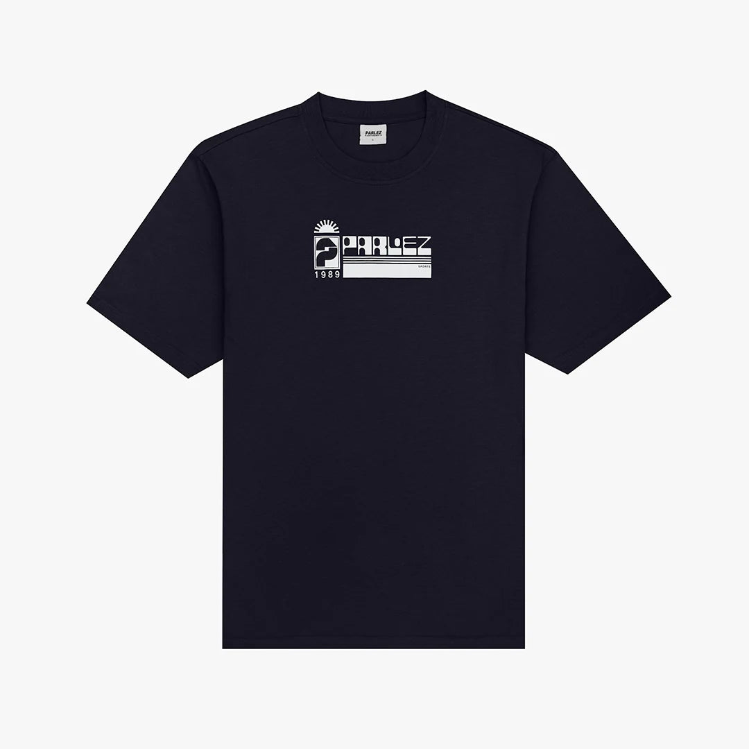 Navy Parlez Syra T-Shirt featuring a classic fit and minimal design, displayed on a flat lay with visible fabric texture and branding.