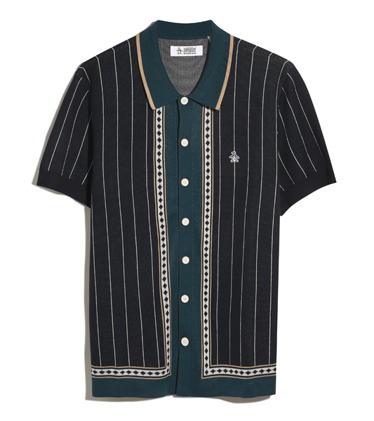 Original Penguin Jacquard Stripe Button Through Polo Shirt Dark Sapphire - RD1 Clothing