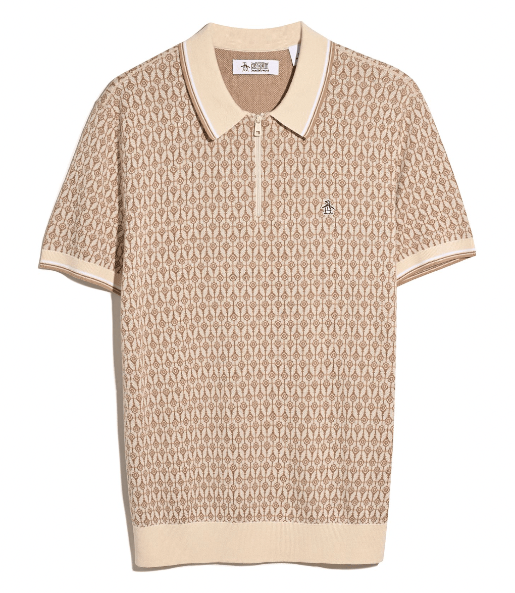 Original Penguin Jacquard Geo Print Zip Polo Shirt Birch - RD1 Clothing