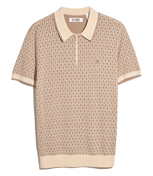 Original Penguin Jacquard Geo Print Zip Polo Shirt Birch - RD1 Clothing