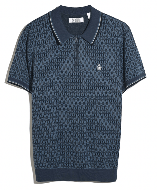 Original Penguin Jacquard Geo Print Zip Polo Shirt Sargasso Sea - RD1 Clothing