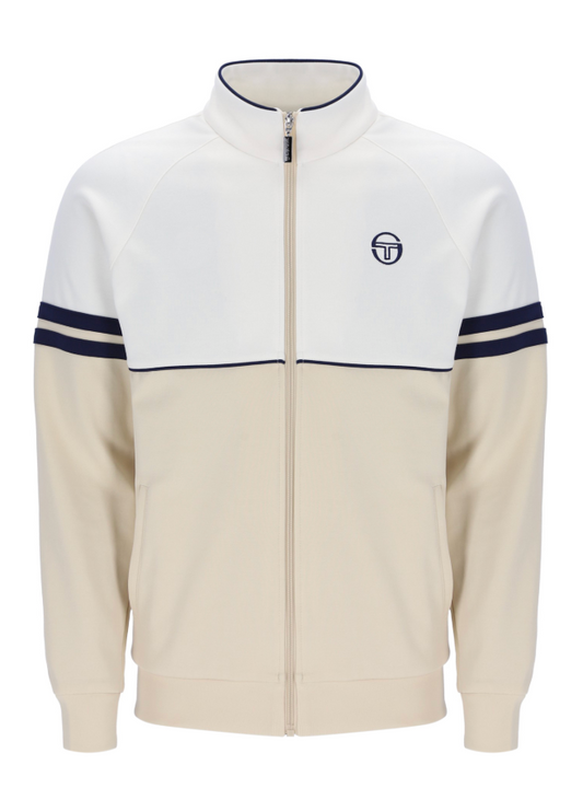 Sergio Tacchini Orion track top in Gardenia, Sandshell, and Maritime Blue with a sporty design and zip closure.
