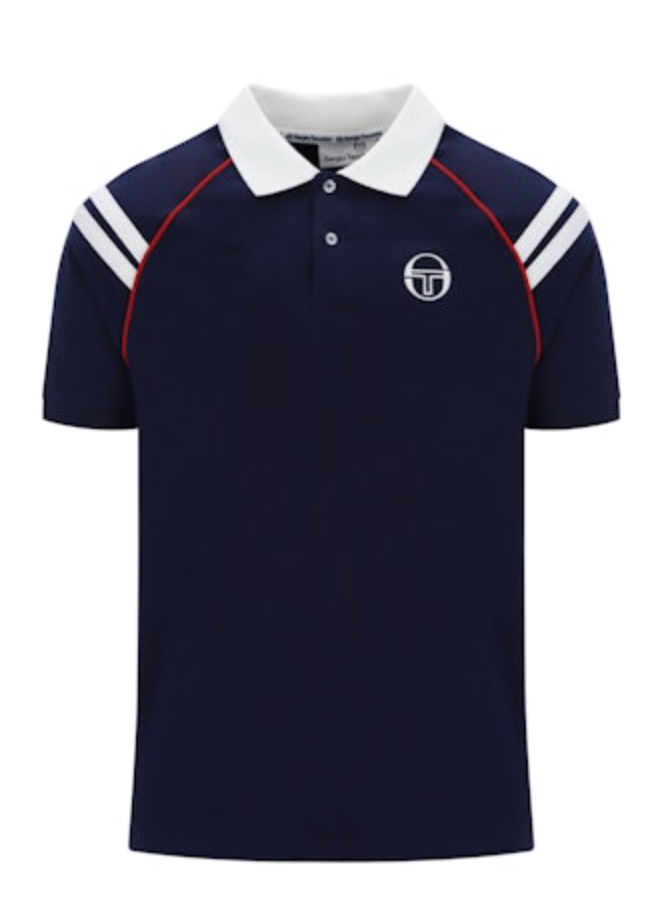 Navy and white Sergio Tacchini New Cortona polo shirt displayed on a model, featuring a classic collar and short sleeves.