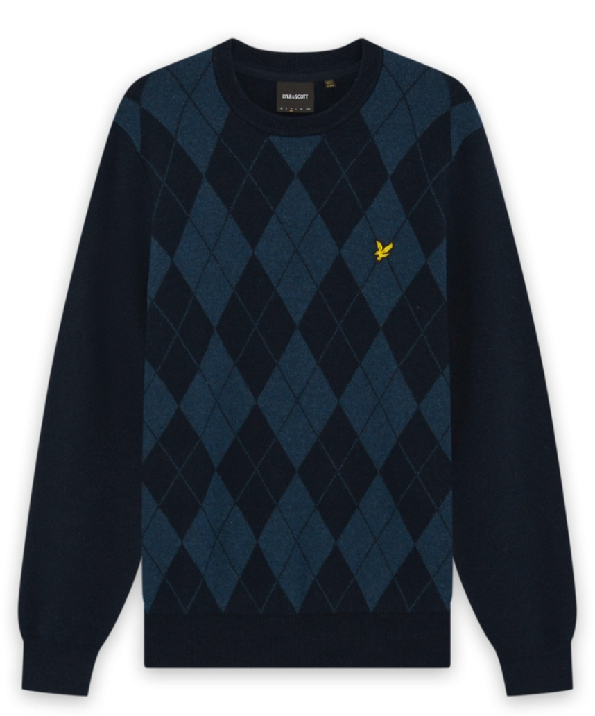 Lyle & Scott Cotton Merino Argyle Jumper Dark Navy Marl/Mid Navy Marl