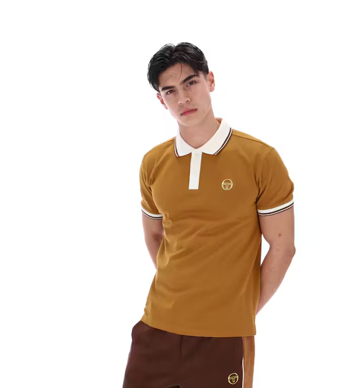 Sergio Tacchini golden brown and gardenia polo shirt with a classic collar and short sleeves, displayed on a plain background.