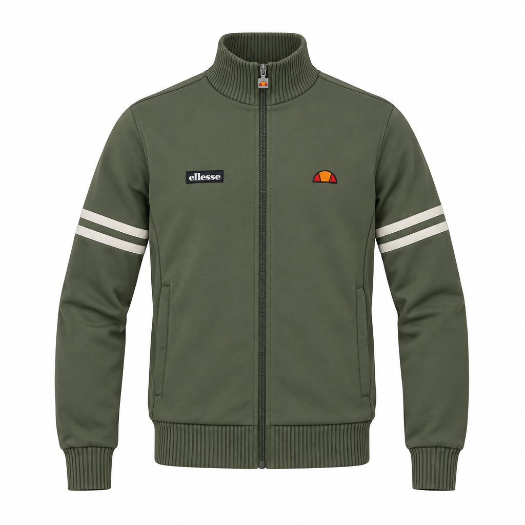Olive green Ellesse Roma track top with logo detail, casual athletic wear for men, featuring a zip-up front and ribbed cuffs.