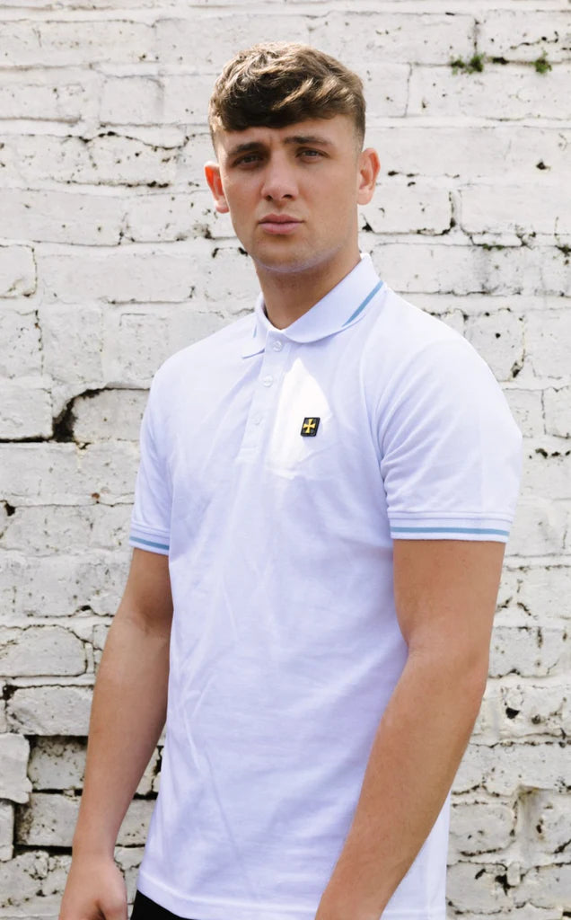 Terrace Cult Premium Pique Polo In White/Sky Blue