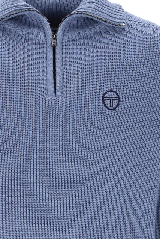 Sergio Tacchini Toledo quarter zip jumper in country blue and maritime blue, shown on a model with a close-up of the fabric and zipper.