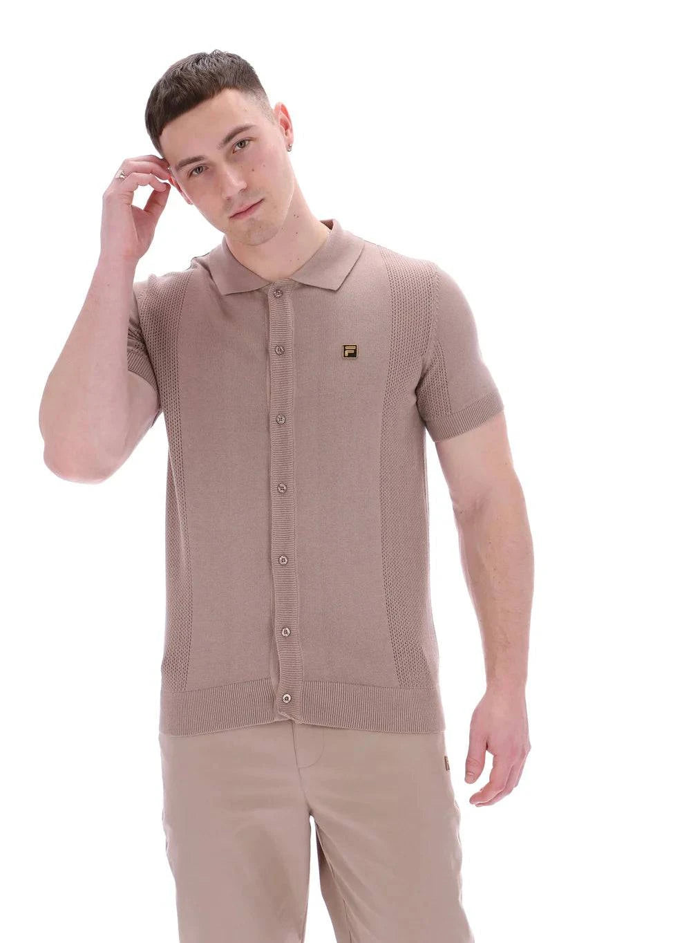 Fila Gold Walter Open Knit Pointelle Panel Polo Brown - RD1 Clothing