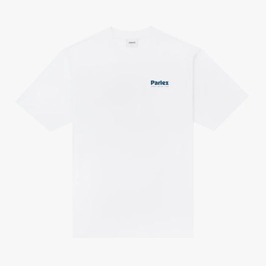 White Parlez Willford T-Shirt featuring a classic crew neck and graphic design on the front, casual streetwear style.