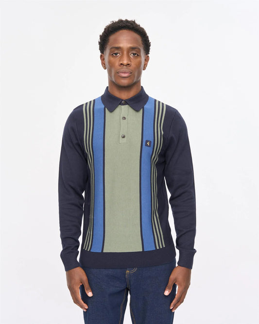 Gabicci Vintage Searle Stripe Knitted Polo Navy