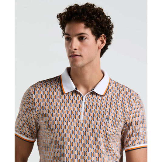 Original Penguin Tipped Jacquard Geo Print Zip Polo Shirt In Orange Peel - RD1 Clothing