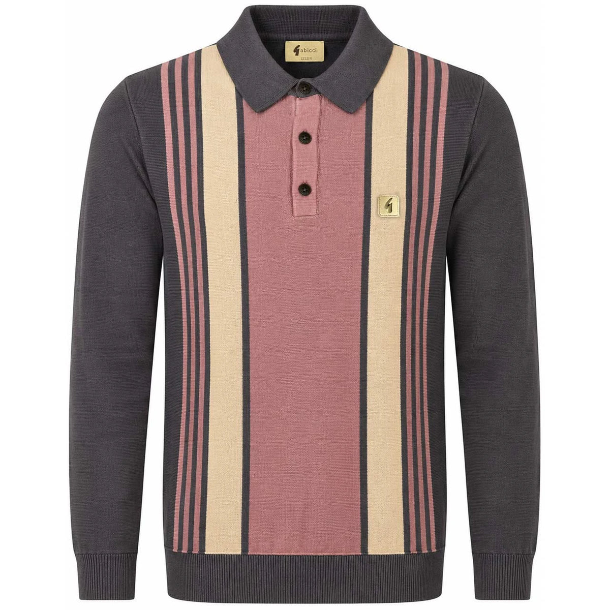 Gabicci Vintage Searle stripe charcoal knitted polo shirt, close-up of the stylish men's knitwear with horizontal stripe design.