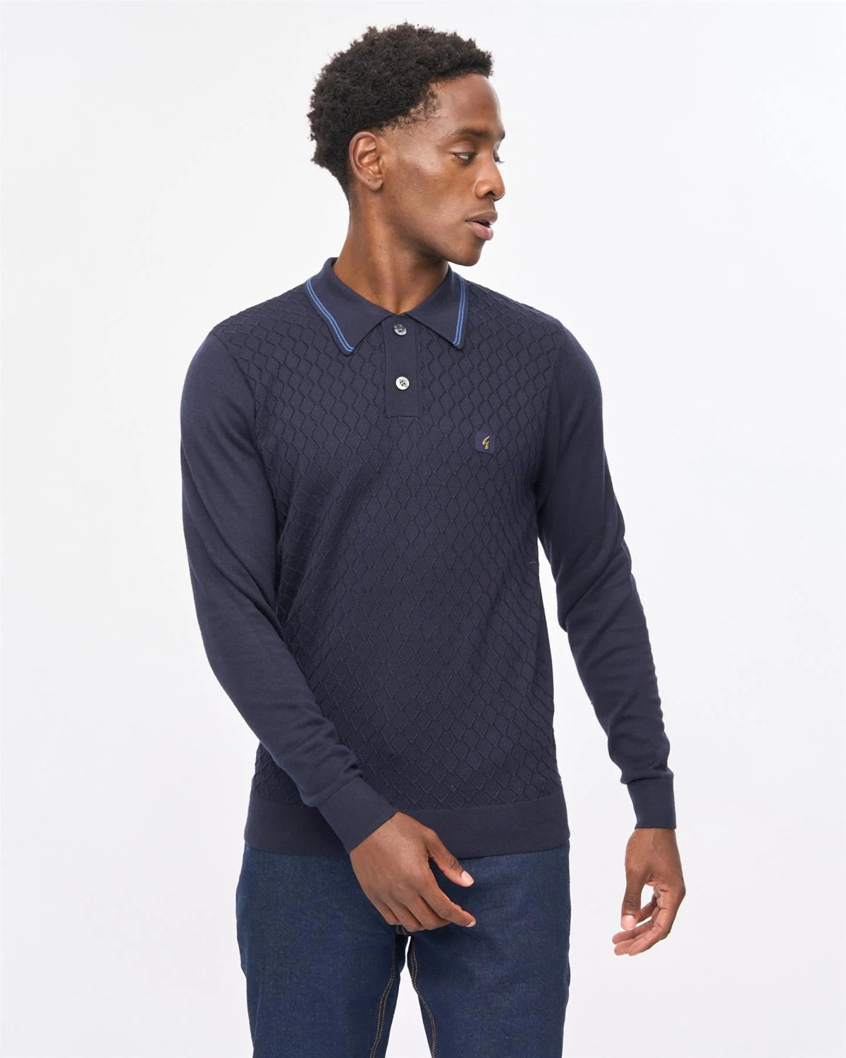 Gabicci Vintage Cambridge Knitted Long Sleeve Polo Navy