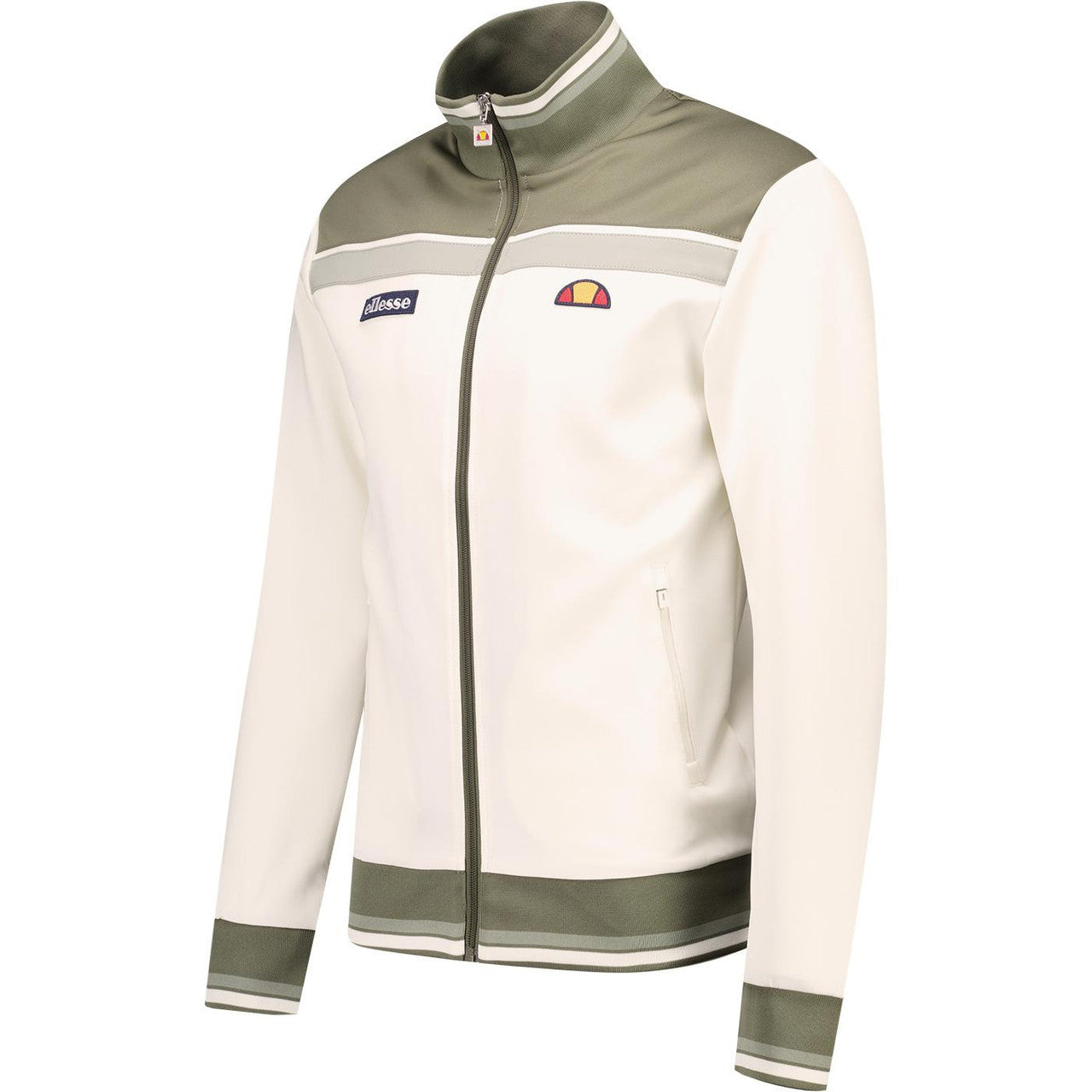Ellesse Vignola track top in off white and khaki, shown from the side, featuring a sporty design and logo branding.