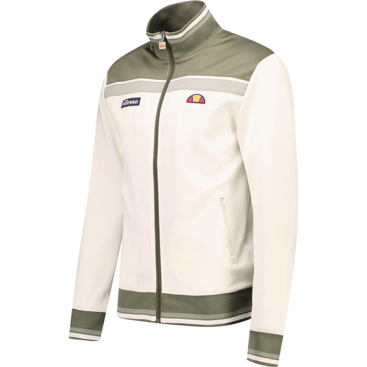 Ellesse Vignola track top in off white and khaki, shown from the side, featuring a sporty design and logo branding.