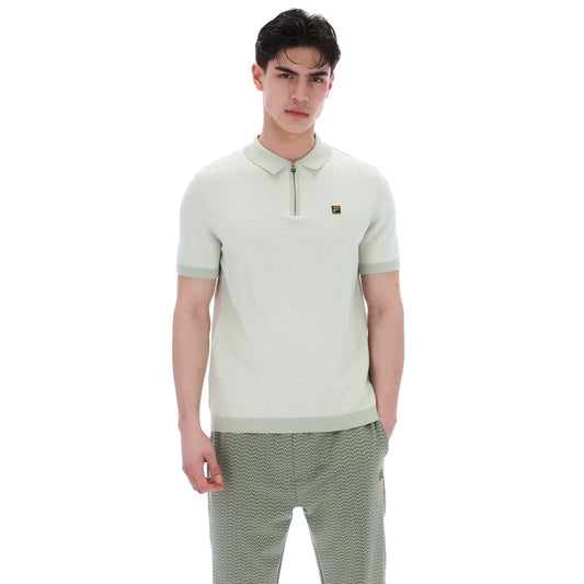 Fila Gold Marty Zip Polo Shirt in sea foam color, showcasing the knit fabric, collar, and zip closure.