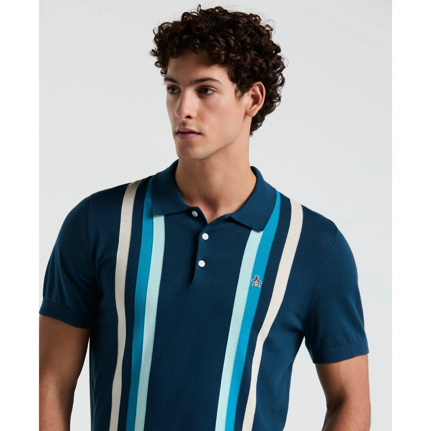 Original Penguin Vertical Stripe Sweater Polo Shirt In Blue Wing Teal