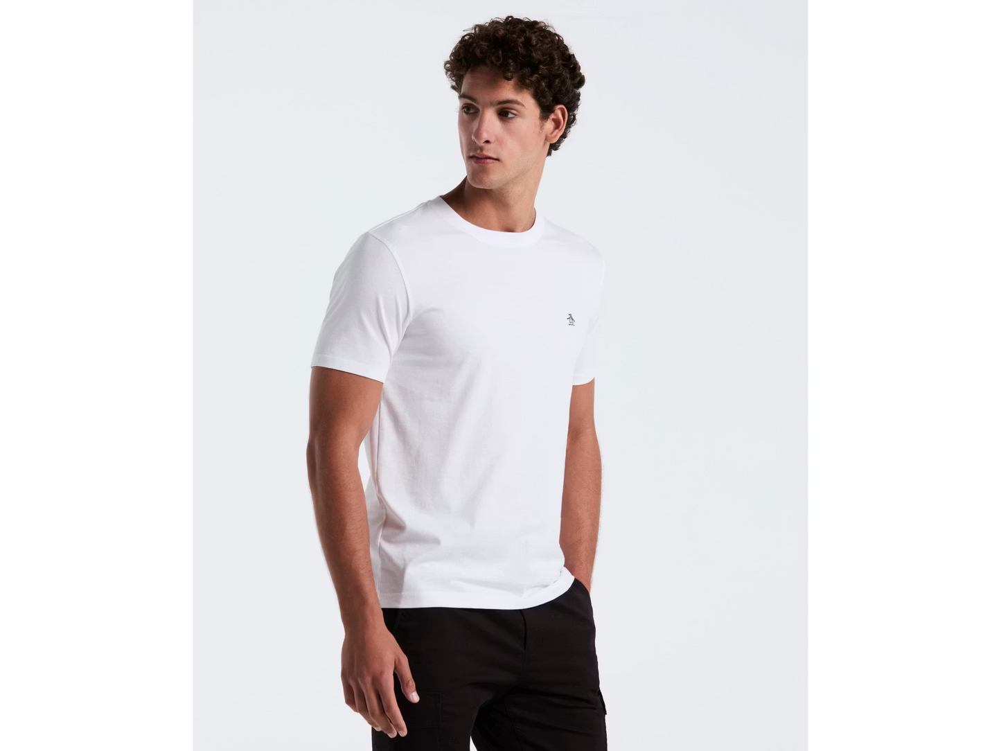 Original Penguin bright white organic cotton T-shirt with pin point embroidered logo, casual style, front view.
