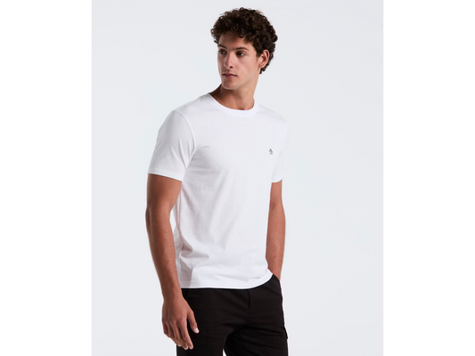 Original Penguin bright white organic cotton T-shirt with pin point embroidered logo, casual style, front view.