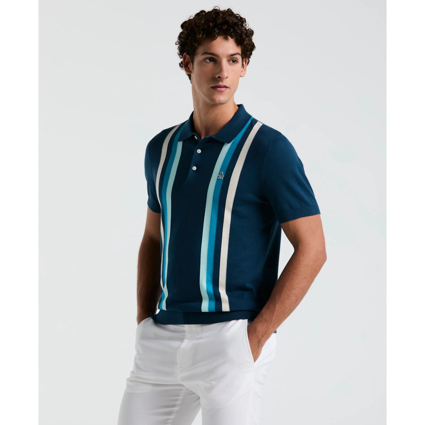 Original Penguin Vertical Stripe Sweater Polo Shirt In Blue Wing Teal