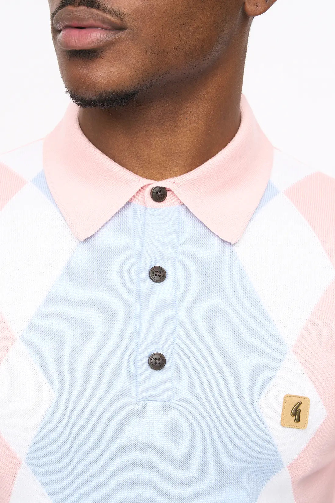 Pink Gabicci Vintage Bond knitted polo shirt in XL size, showcasing a classic, textured knitwear design.