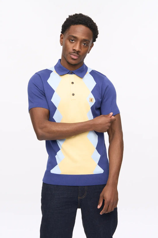 Blue Gabicci Vintage Bond knitted polo shirt in XL, featuring a classic collar and textured knit fabric.