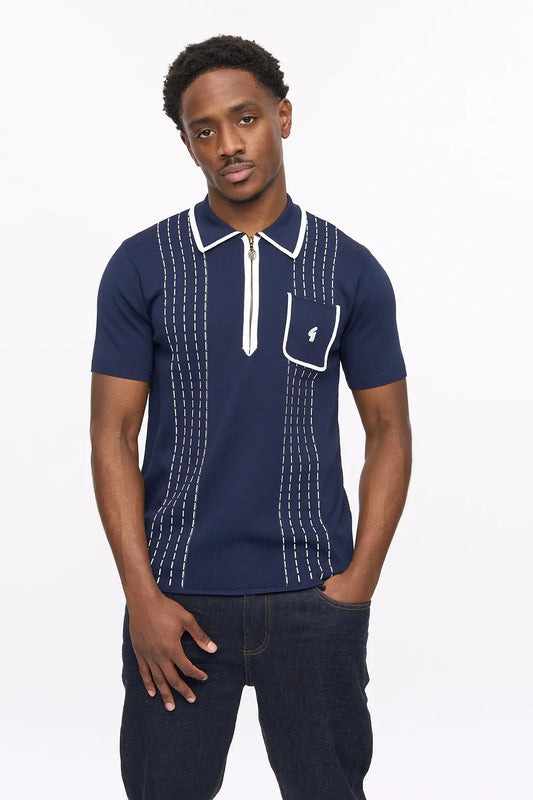 Gabicci Vintage Darron knitted polo shirt in navy, men's size XL, featuring a classic collar and textured knit fabric.