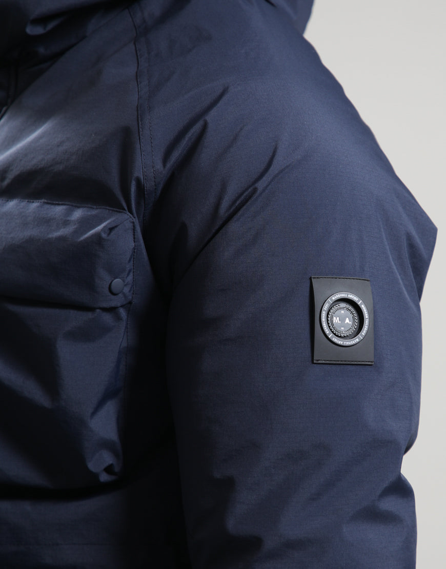 Marshall Artist Hawksley navy parka jacket with hood and utility pockets