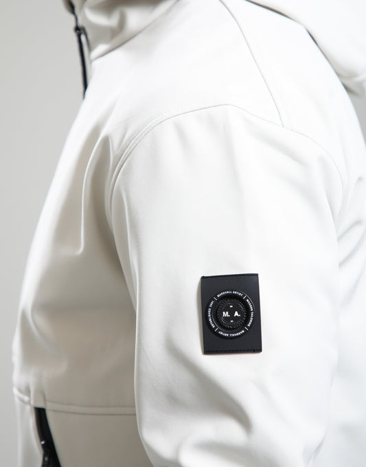 Marshall Artist Prova Softshell Jacket in Silverbirch color, showing front view with zipper and adjustable cuffs.