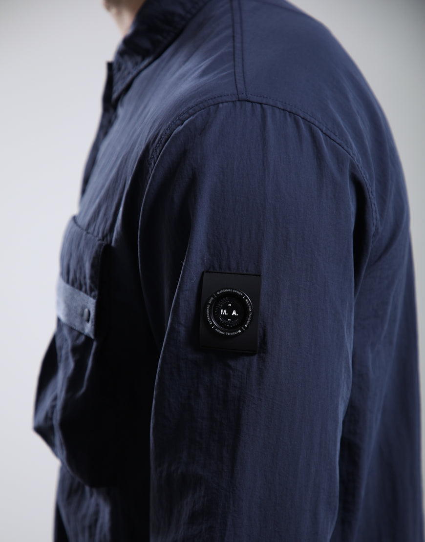 Marshall Artist Woodvale overshirt in navy, casual jacket with a button-up front and chest pockets, suitable for everyday wear.