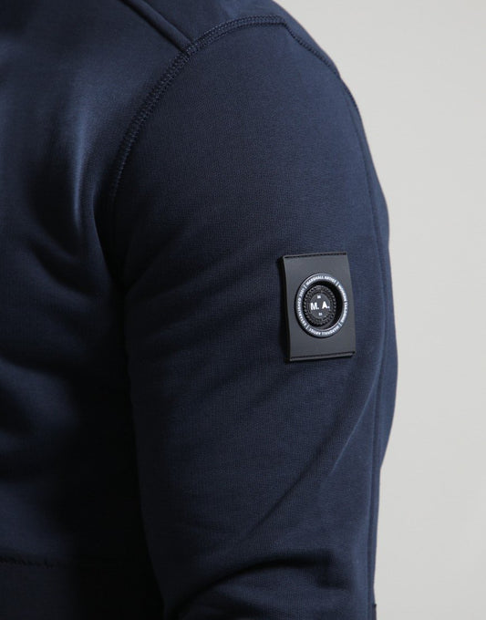 Marshall Artist Streatham navy full zip sweatshirt, front view showing the soft fabric and classic design.