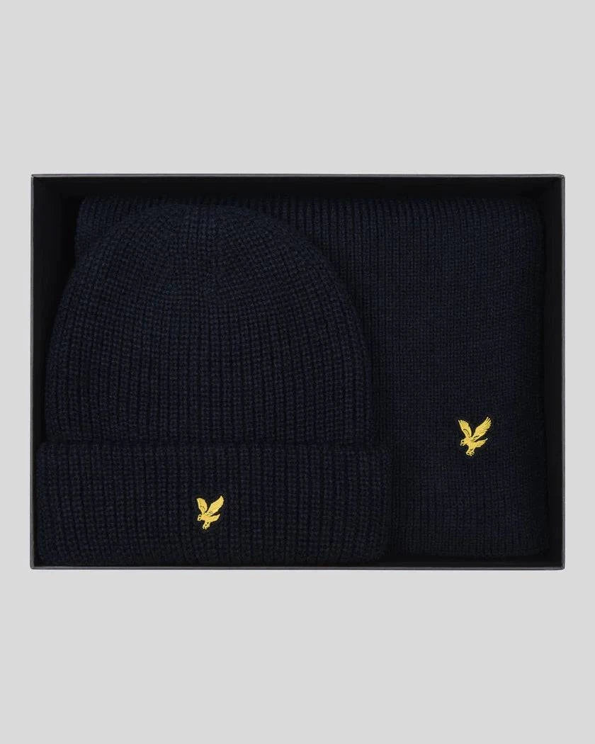 Lyle & Scott Lambswool Ribbed Beanie & Scarf Set in Dark Navy - RD1 Clothing