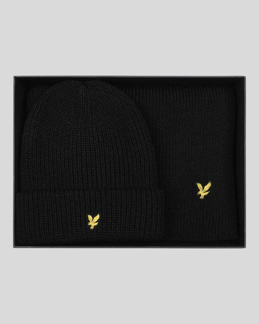 Lyle & Scott Lambswool Ribbed Beanie & Scarf Set in Jet Black - RD1 Clothing