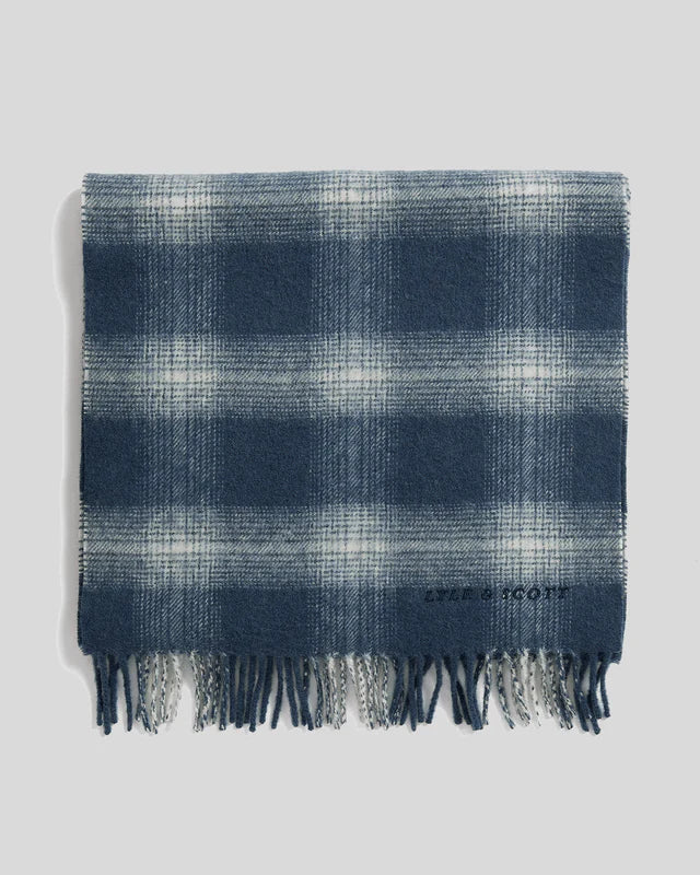 Lyle & Scott Tartan Check Lambswool Blend Scarf Night Sky/White