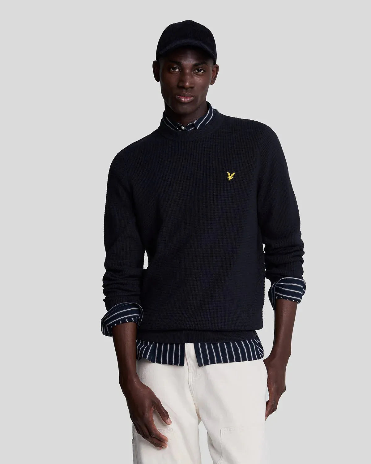 Lyle & Scott Grid Knit Crewneck Jumper In Dark Navy