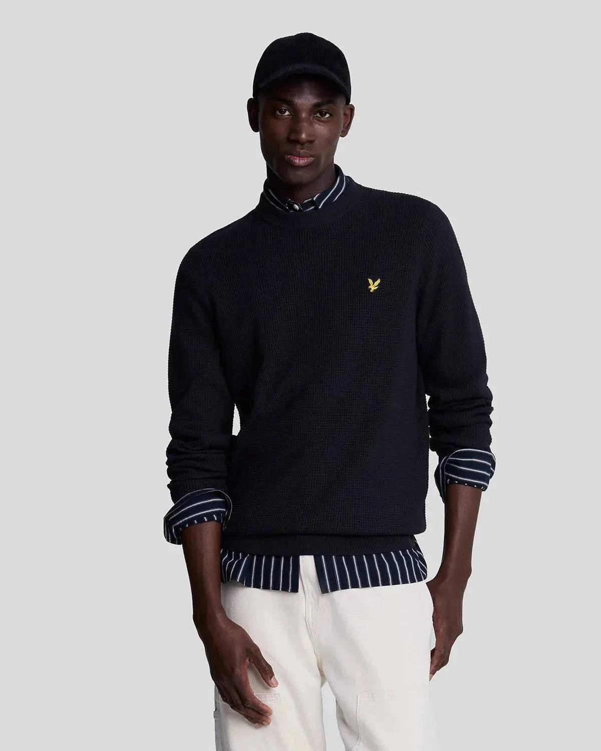 Lyle & Scott Grid Knit Crewneck Jumper In Dark Navy - RD1 Clothing
