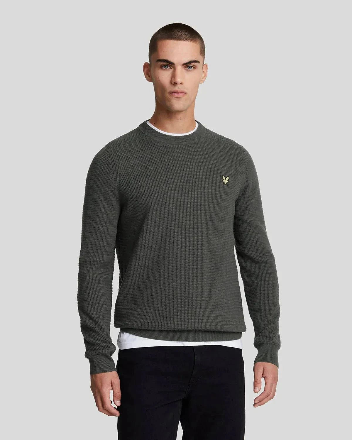 Lyle & Scott Grid Knit Crewneck Jumper In Gunmetal - RD1 Clothing