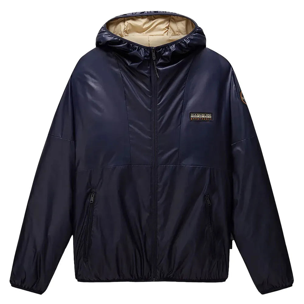 Blue Marine Napapijri A-Thur Jacket with hood and front zipper, lightweight outdoor jacket for versatile wear.