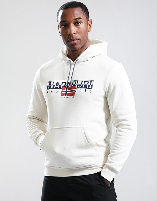 Beige Napapijri Aylmer winter hoodie with dimity fabric, featuring a cozy, casual design and front pocket.