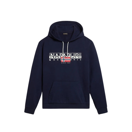 Napapijri Aylmer blue marine winter hoodie, front view showing soft fabric and hood with drawstrings.
