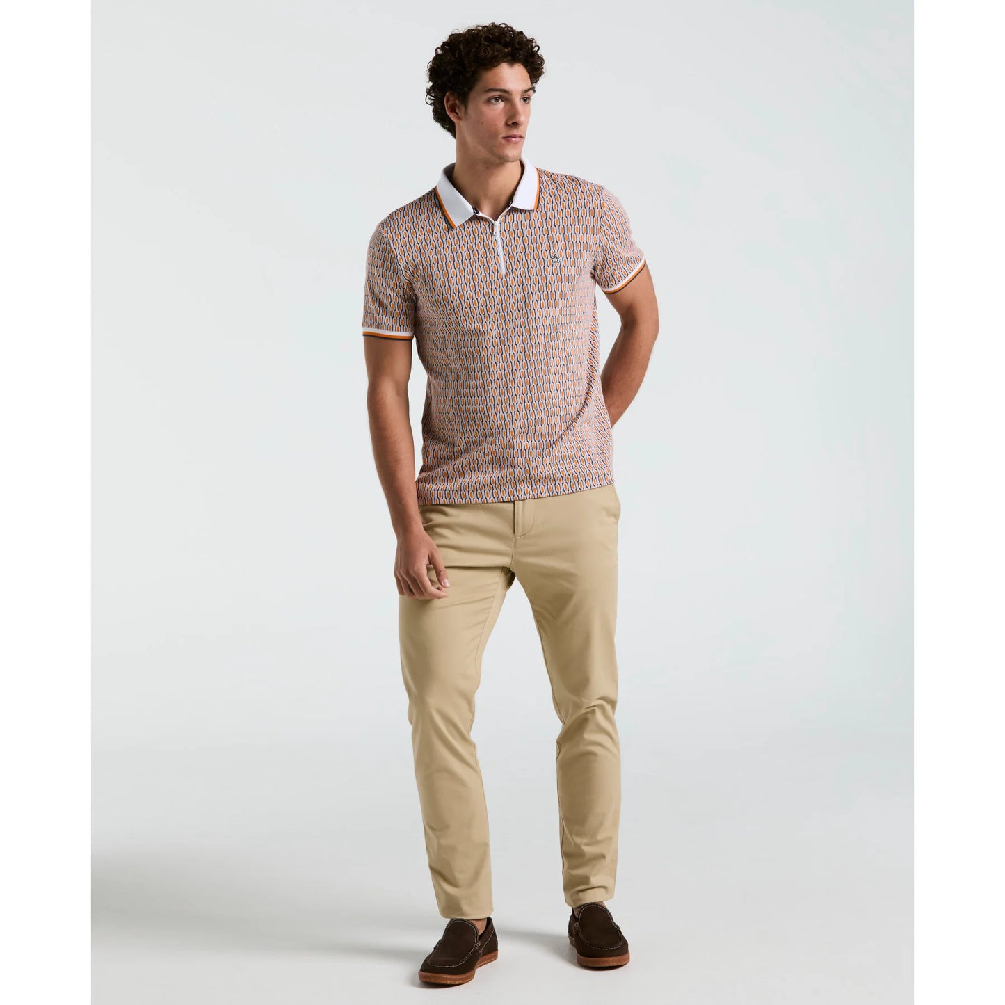 Original Penguin Tipped Jacquard Geo Print Zip Polo Shirt In Orange Peel